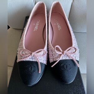 CHANEL Tweed Grosgrain Cap Toe Ballerina Flats 38.5 Pink Black